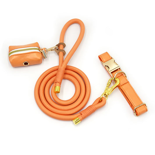 Luxe Leather Dog Walking Set | Adjustable PU Collar + Rope Leash + Poop Bag Holder