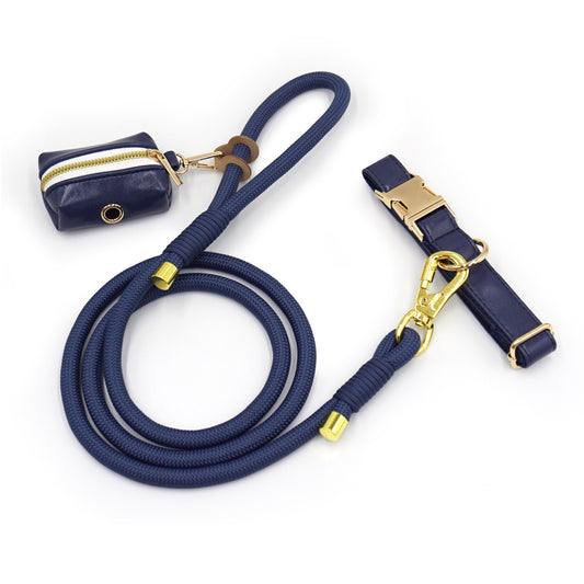 Luxe Leather Dog Walking Set | Adjustable PU Collar + Rope Leash + Poop Bag Holder