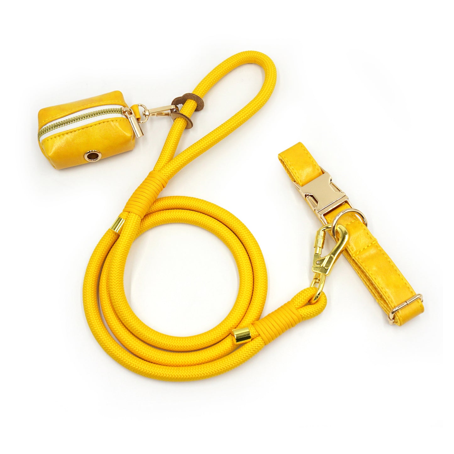 Luxe Leather Dog Walking Set | Adjustable PU Collar + Rope Leash + Poop Bag Holder