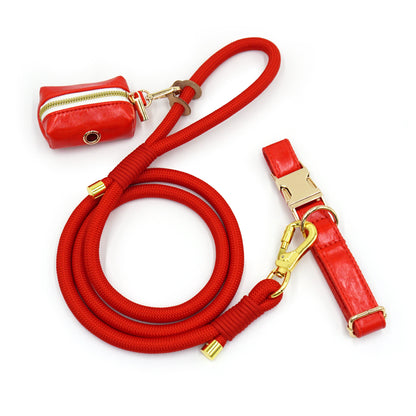 Luxe Leather Dog Walking Set | Adjustable PU Collar + Rope Leash + Poop Bag Holder