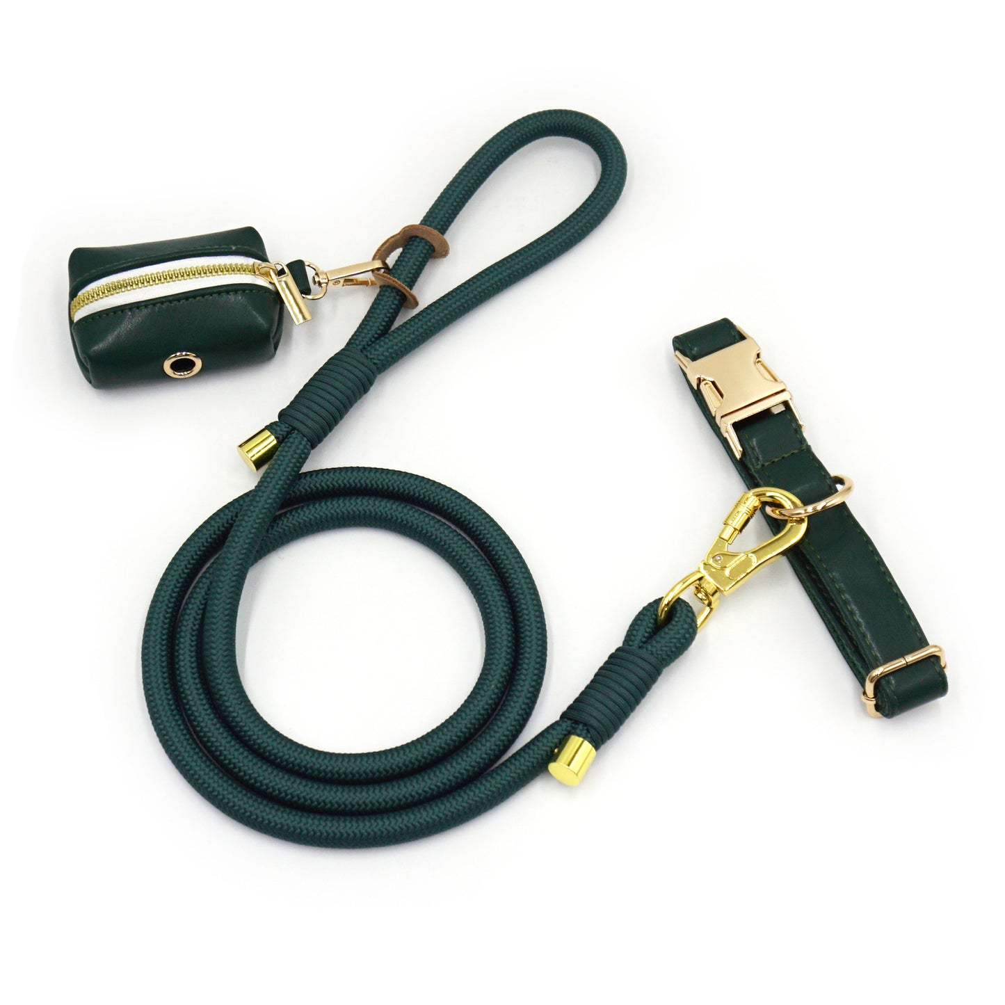 Luxe Leather Dog Walking Set | Adjustable PU Collar + Rope Leash + Poop Bag Holder
