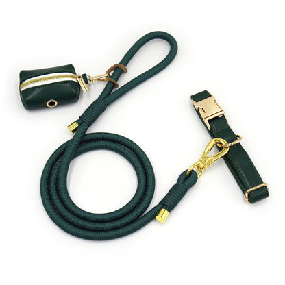 Luxe Leather Dog Walking Set | Adjustable PU Collar + Rope Leash + Poop Bag Holder