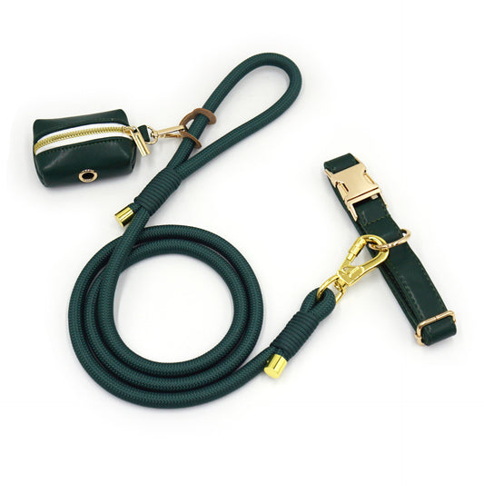 Luxe Leather Dog Walking Set | Adjustable PU Collar + Rope Leash + Poop Bag Holder