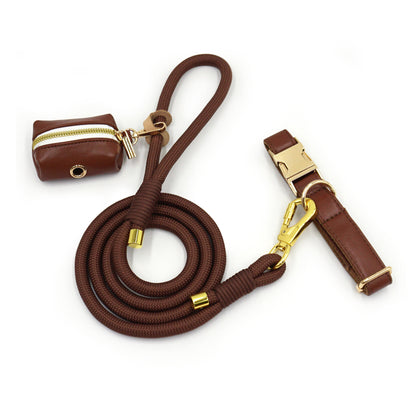 Luxe Leather Dog Walking Set | Adjustable PU Collar + Rope Leash + Poop Bag Holder