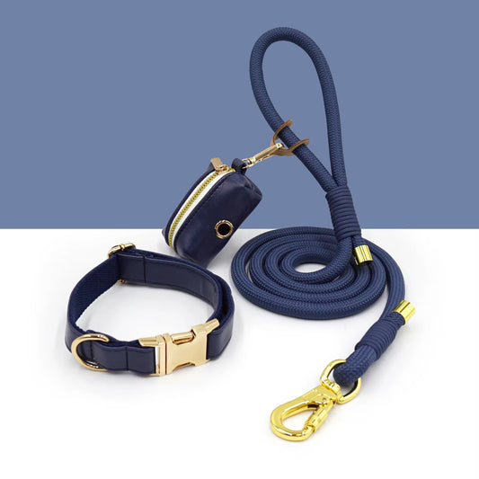 Luxe Leather Dog Walking Set | Adjustable PU Collar + Rope Leash + Poop Bag Holder