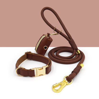 Luxe Leather Dog Walking Set | Adjustable PU Collar + Rope Leash + Poop Bag Holder