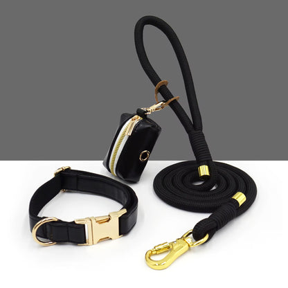 Luxe Leather Dog Walking Set | Adjustable PU Collar + Rope Leash + Poop Bag Holder