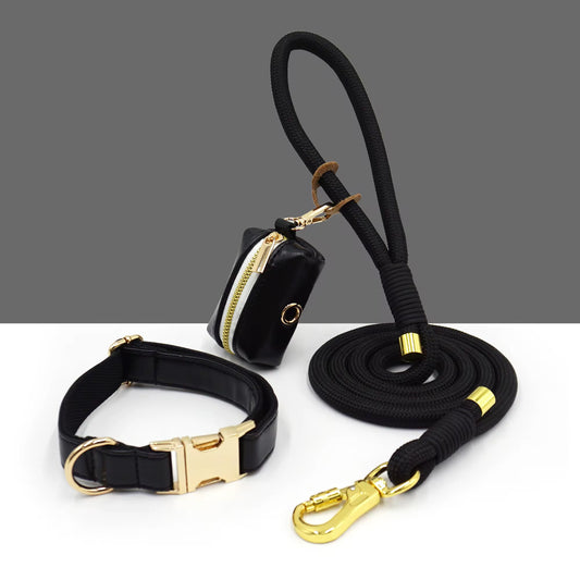 Luxe Leather Dog Walking Set | Adjustable PU Collar + Rope Leash + Poop Bag Holder