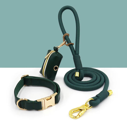 Luxe Leather Dog Walking Set | Adjustable PU Collar + Rope Leash + Poop Bag Holder