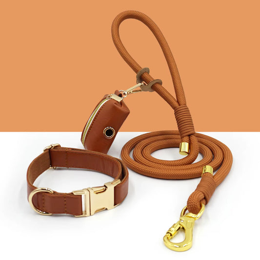 Luxe Leather Dog Walking Set | Adjustable PU Collar + Rope Leash + Poop Bag Holder