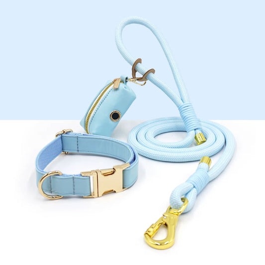 Luxe Leather Dog Walking Set | Adjustable PU Collar + Rope Leash + Poop Bag Holder
