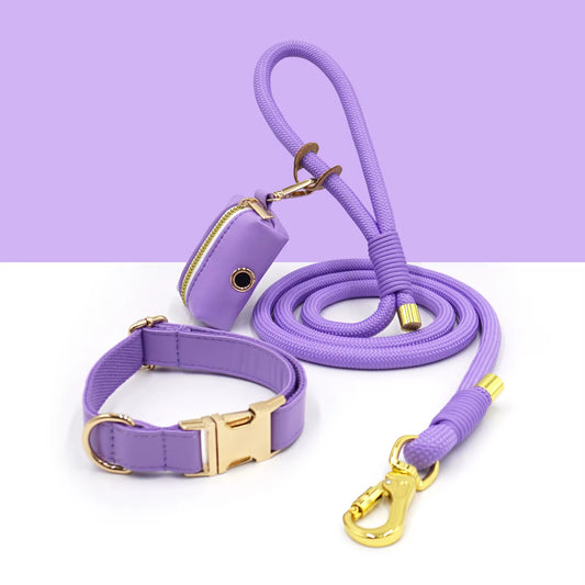 Luxe Leather Dog Walking Set | Adjustable PU Collar + Rope Leash + Poop Bag Holder