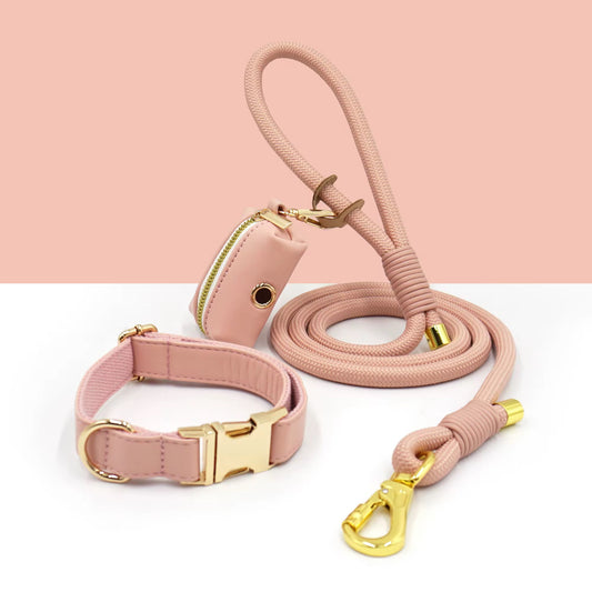 Luxe Leather Dog Walking Set | Adjustable PU Collar + Rope Leash + Poop Bag Holder