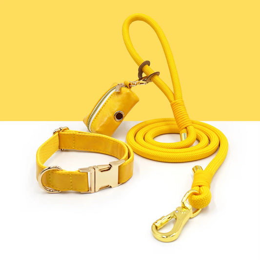 Luxe Leather Dog Walking Set | Adjustable PU Collar + Rope Leash + Poop Bag Holder
