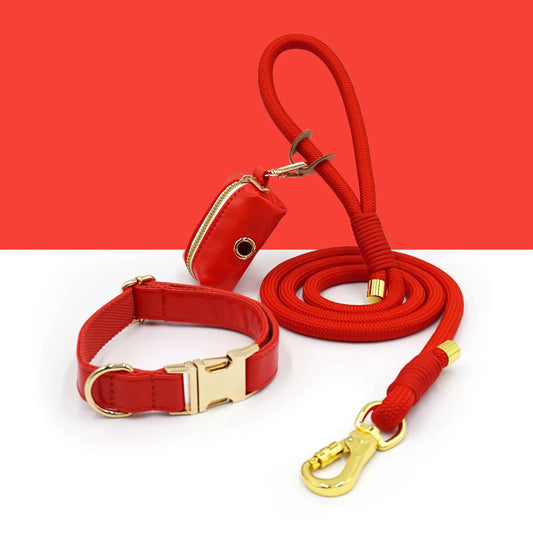 Luxe Leather Dog Walking Set | Adjustable PU Collar + Rope Leash + Poop Bag Holder