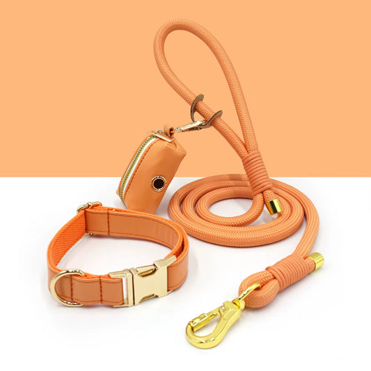 Luxe Leather Dog Walking Set | Adjustable PU Collar + Rope Leash + Poop Bag Holder