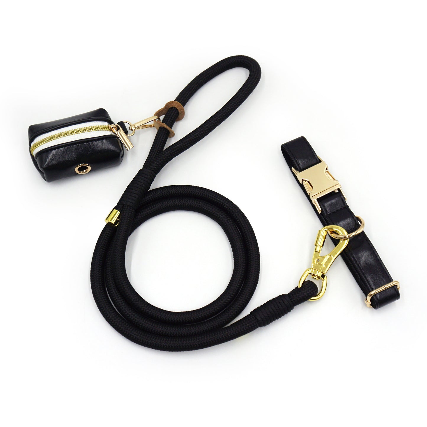 Luxe Leather Dog Walking Set | Adjustable PU Collar + Rope Leash + Poop Bag Holder