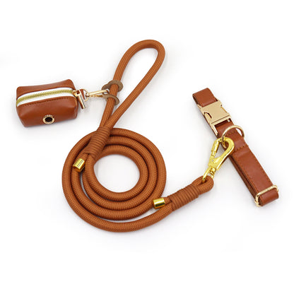 Luxe Leather Dog Walking Set | Adjustable PU Collar + Rope Leash + Poop Bag Holder