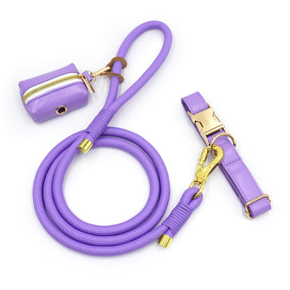 Luxe Leather Dog Walking Set | Adjustable PU Collar + Rope Leash + Poop Bag Holder