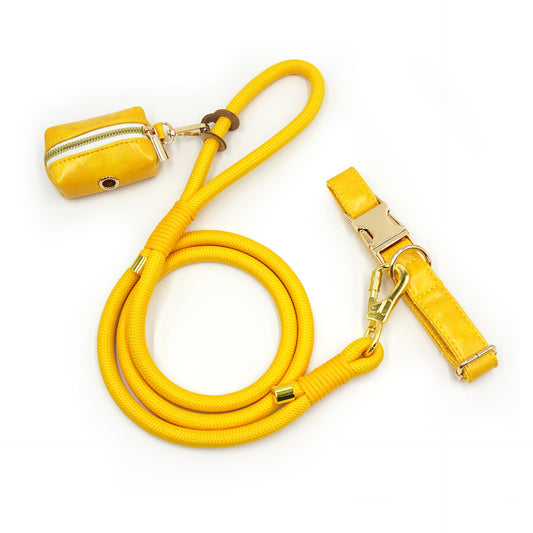 Luxe Leather Dog Walking Set | Adjustable PU Collar + Rope Leash + Poop Bag Holder